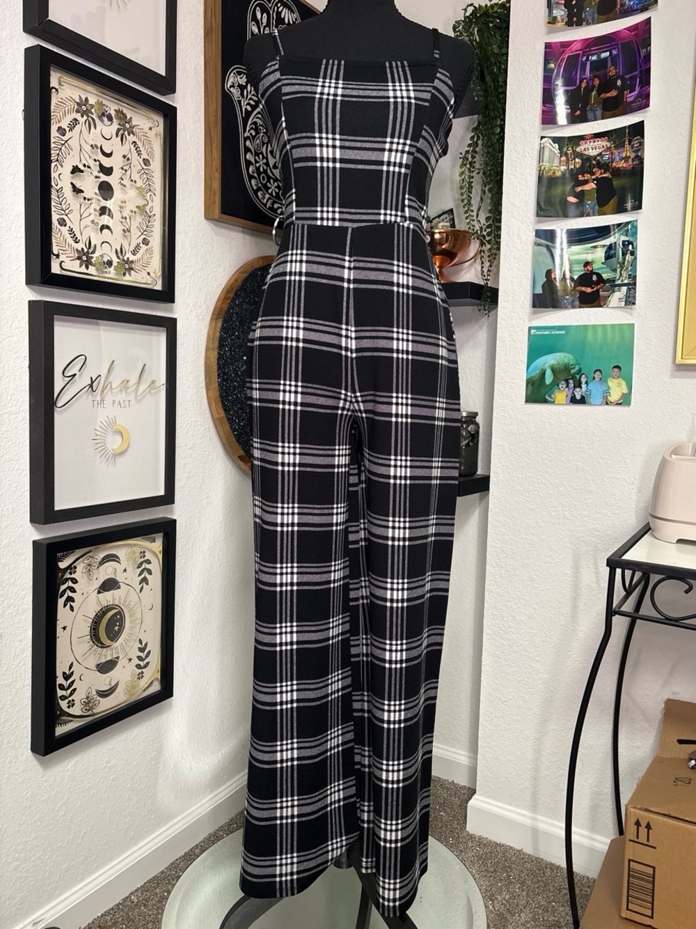 Almost Famous Plaid Jumpsuit Black White Wide Leg Spaghetti Strap Size Medium